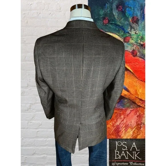 Jos A Bank 46R Signature Houndstooth Blazer Coat Jacket Silk Camelhair - Picture 6 of 14